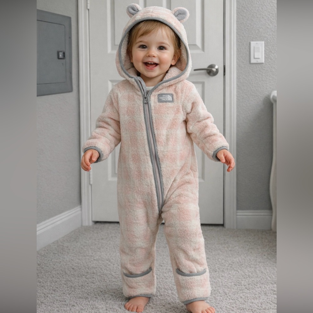 The North Face Campshire Pink White‎ Plaid Baby Fleece One Peice Onsie 18-24 M